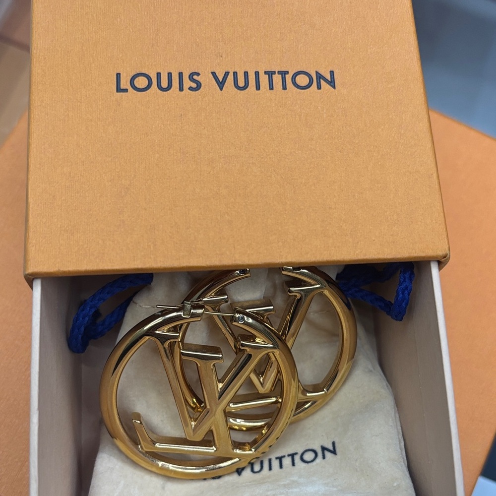 Authentic Louis Vuitton Gold Logo Hoop Earrings